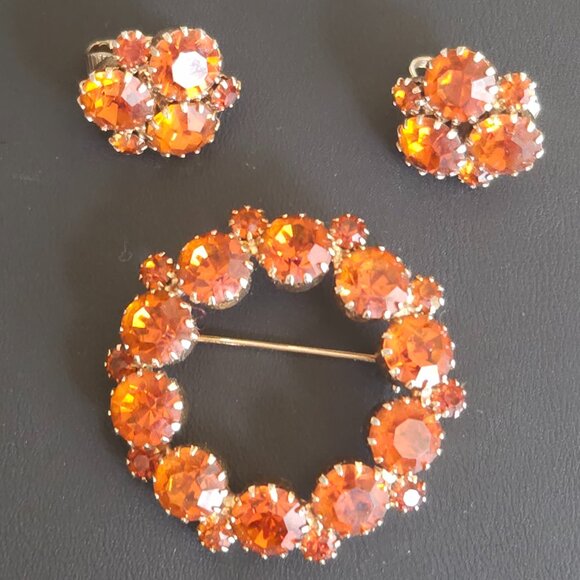 Vintage Orange Rhinestone Circle Pin Brooch & Earring Set - Picture 1 of 7
